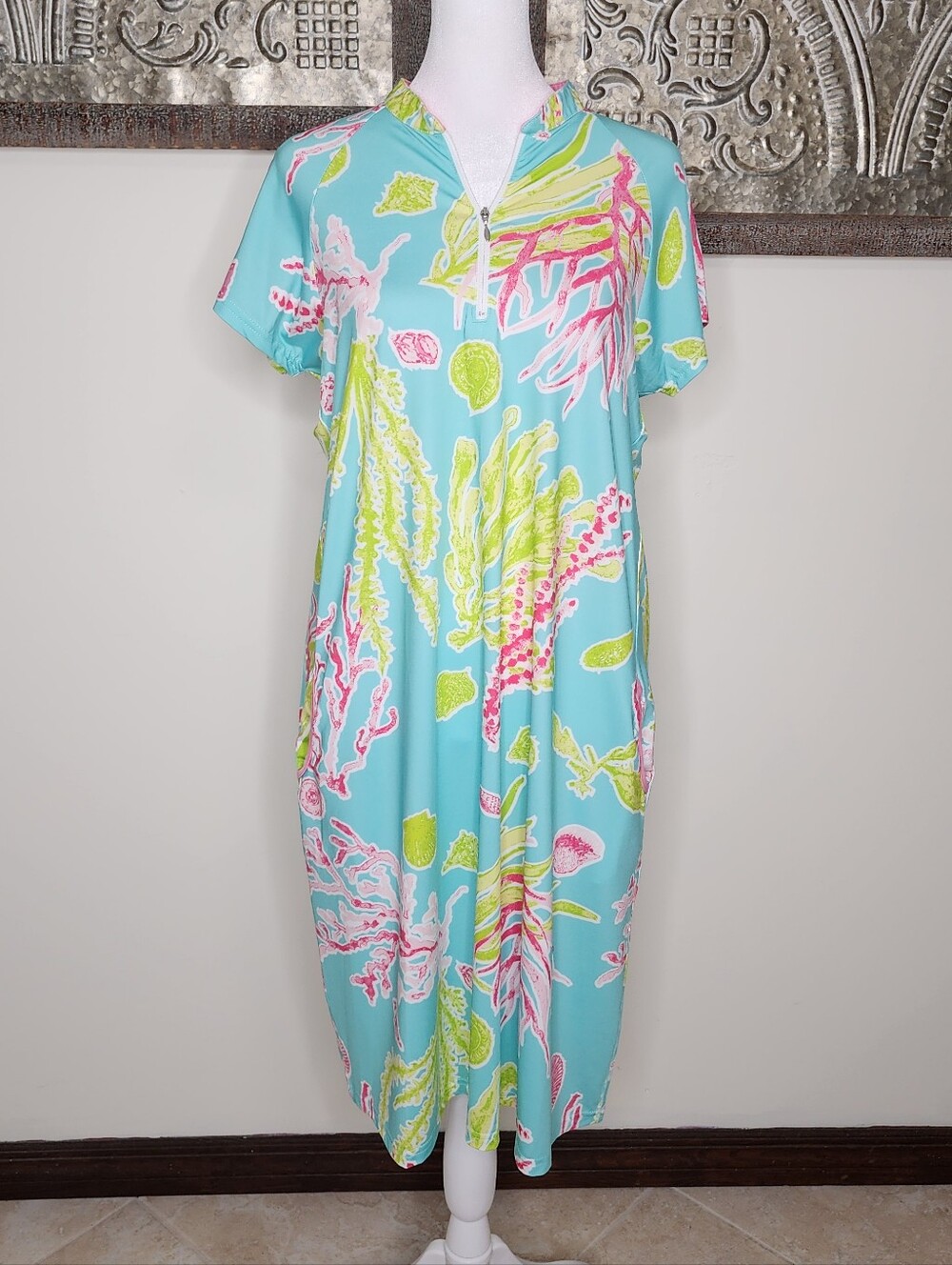 Ana Clare Active Turquoise Coral Reef Nautical Zip Short-Sleeve Shirt Dress XL